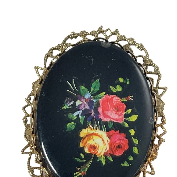 Vintage Black glass painted fancy flowers cameo brooch - Picture 3 of 6